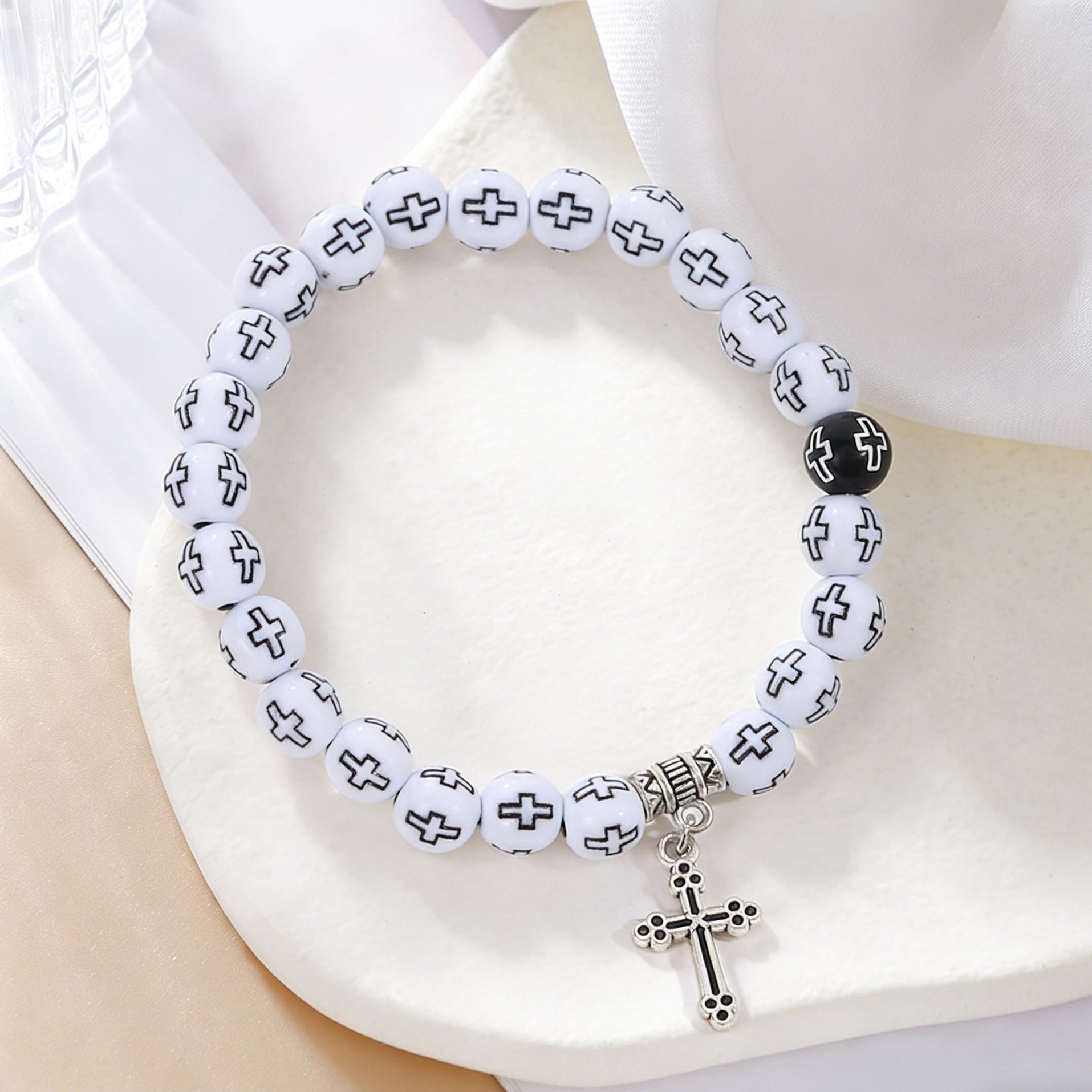 Popular European Black White Cross Beads Bracelet - Couple Style Rosary Hand Ornament белый