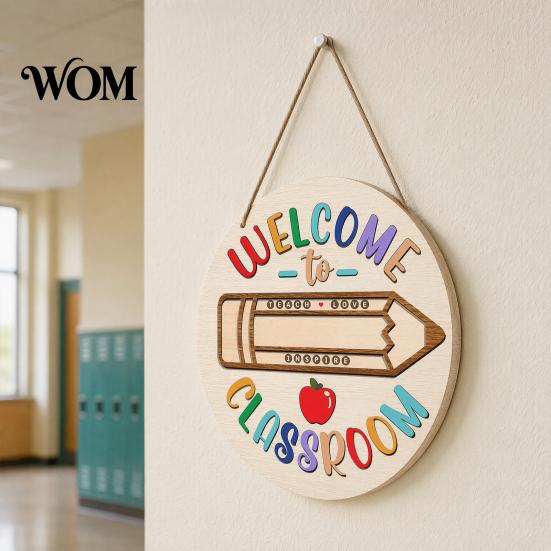 Farmhouse Classroom Sign Wooden Welcome for Door, to Our Round Smooth Surface Door Plaque Hanger, Front Hanging Sign, Back School Preschool Decoration