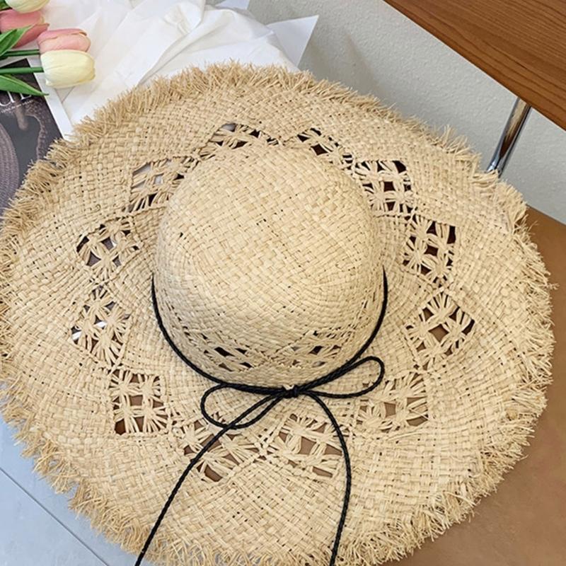 Elegant Raffia Sun Hat With Wide Brimmed And Breathable Openwork Design For Beach Vacation And Outdoor Activities