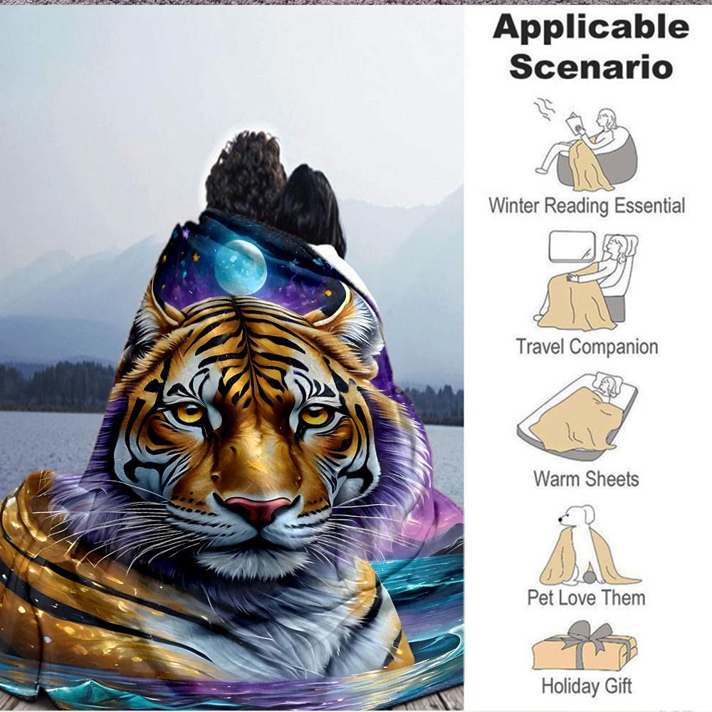 1pc Tiger Moon Night Print Blanket Lightweight Flannel Blanket Throw Blanket For Sofa, Bed, Travel, Camping Yy2509026140