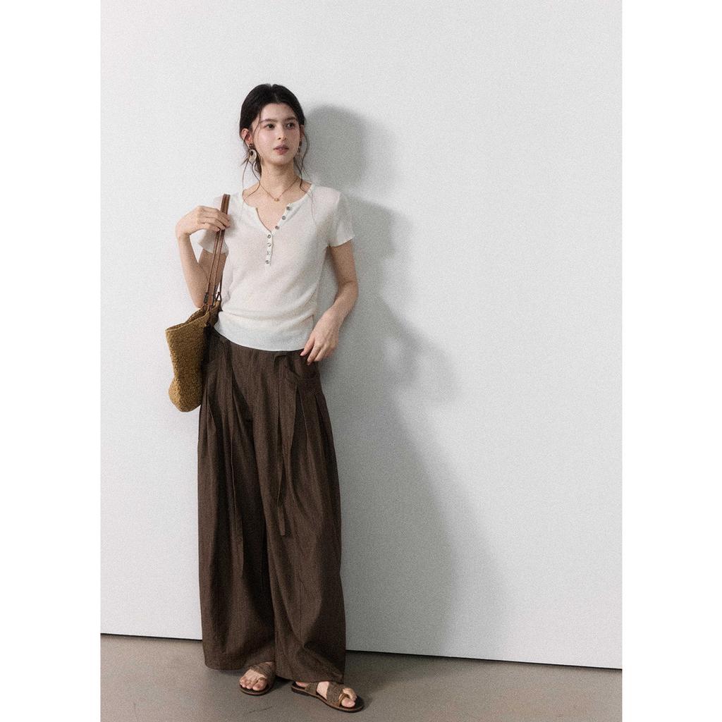 Eryang [Moyi] Gentle Temperament Semi-open V-neck Short-sleeved Knitted Sweater for Women, Slim and Thin Temperament Top