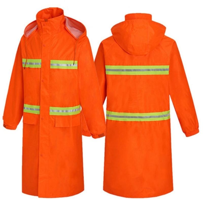 Rain Jacket High Visibility Workwears Safety Concealed Hood Fluorescent Flashing Hooded Long Length Waterproof Work Coat