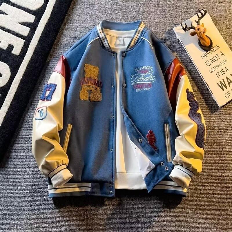 Giacca da Baseball Oversize da Uomo con Design Ricamato Streetwear Casual Vestibilità Larga Collo Alto