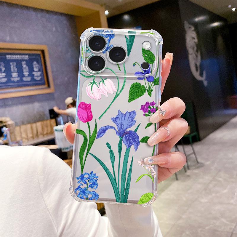 Hot-selling foreign trade colored tulip Apple 16 mobile phone case iPhone17pm anti-drop transparent soft case 15 protective case