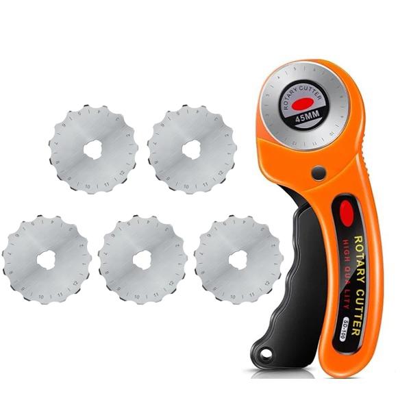 45mm Rotary Cutter with 5 Replacement Blades Fabric Cutter with Safety Lock for Sewing Fabric Leather Quilting Perforating Tool