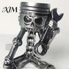 Cyberpunk Style Collectible Mechanical Skull Figurine with Gear Base, Industrial Piston-Head Skeleton Statue Wrench, Gift for Car Lovers Gearheads