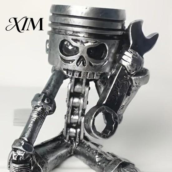 Cyberpunk Style Collectible Mechanical Skull Figurine with Gear Base, Industrial Piston-Head Skeleton Statue Wrench, Gift for Car Lovers Gearheads