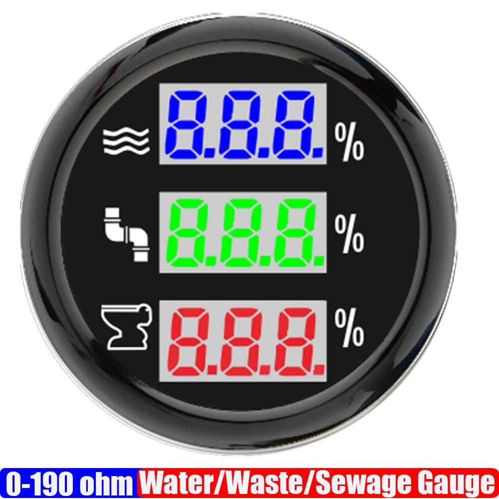 Digital 52mm Gauge 3 IN 1 Water/Waste/Sewage Level Gauge with Flash Alarm 0-190ohm Multi Meter Blue,Green,Red LED for Car