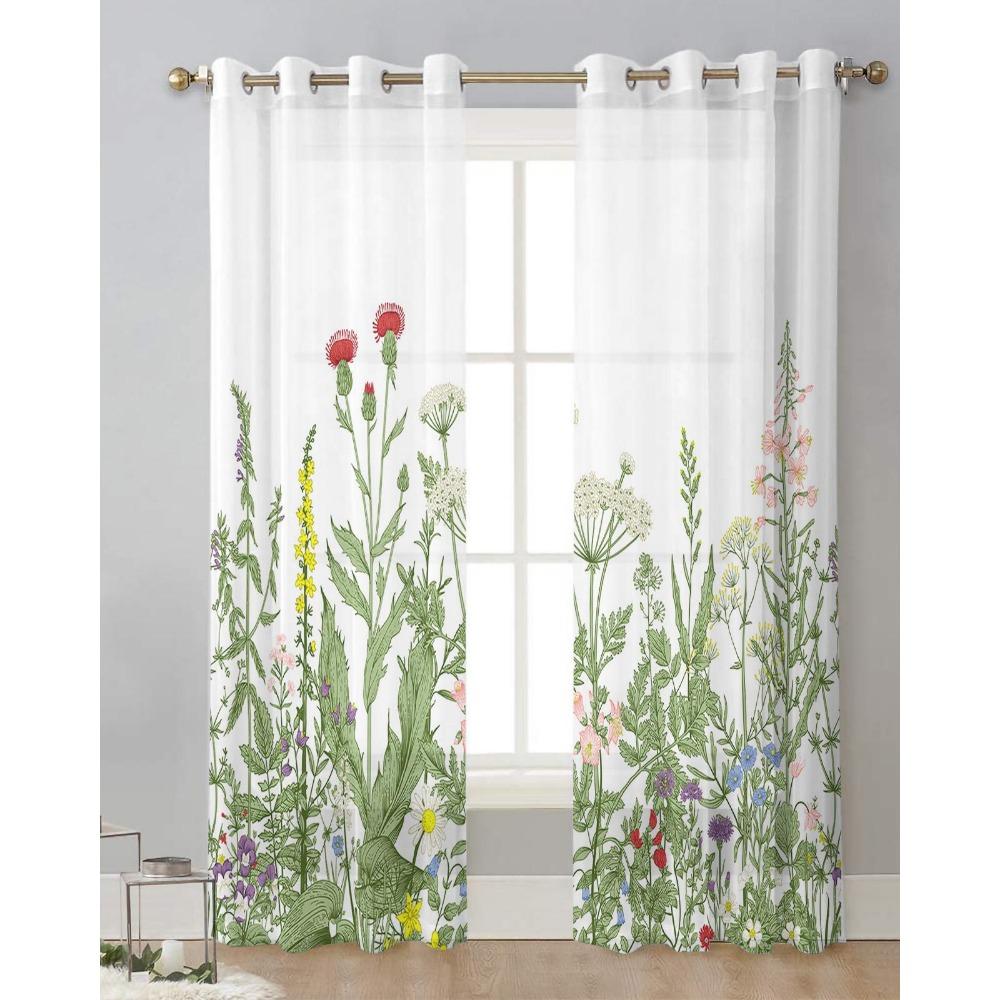 Vintage Herb Plant Flower Sheer Curtains for Living Room Decoration Window Curtains for Kitchen Tulle Voile Organza Curtains