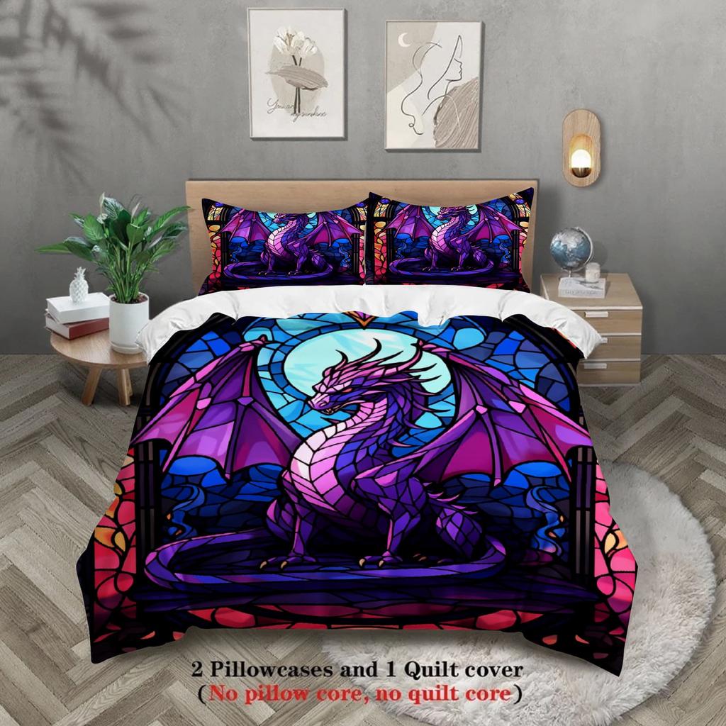 3pcs Stained Glass Purple Dragon Print Duvet Cover Set – for Kids Gift 100%Polyester, Soft, Breathable for Bedroom Decoration