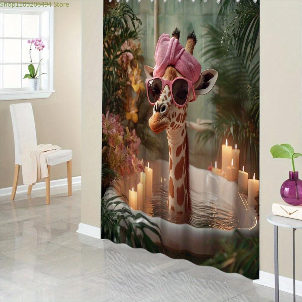 1pc Whimsical Giraffe Bath Curtain - Tropical Spa Theme with Candles & Floral Accents, Polyester Fabric, 12 Hooks, 179.83x179.