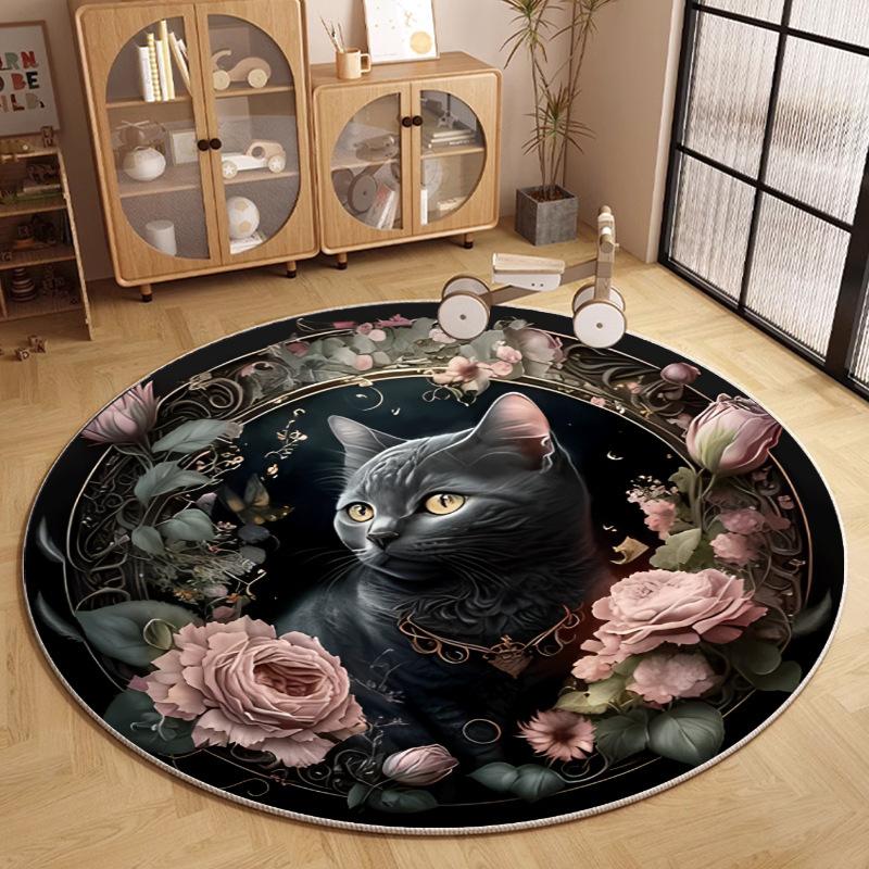 Fantasy Cat Round Rug Black Cat Moon Starry Sky Floral Decor Non-Slip Bedroom Carpet Mysterious Dreamy Illustration Floor Mat