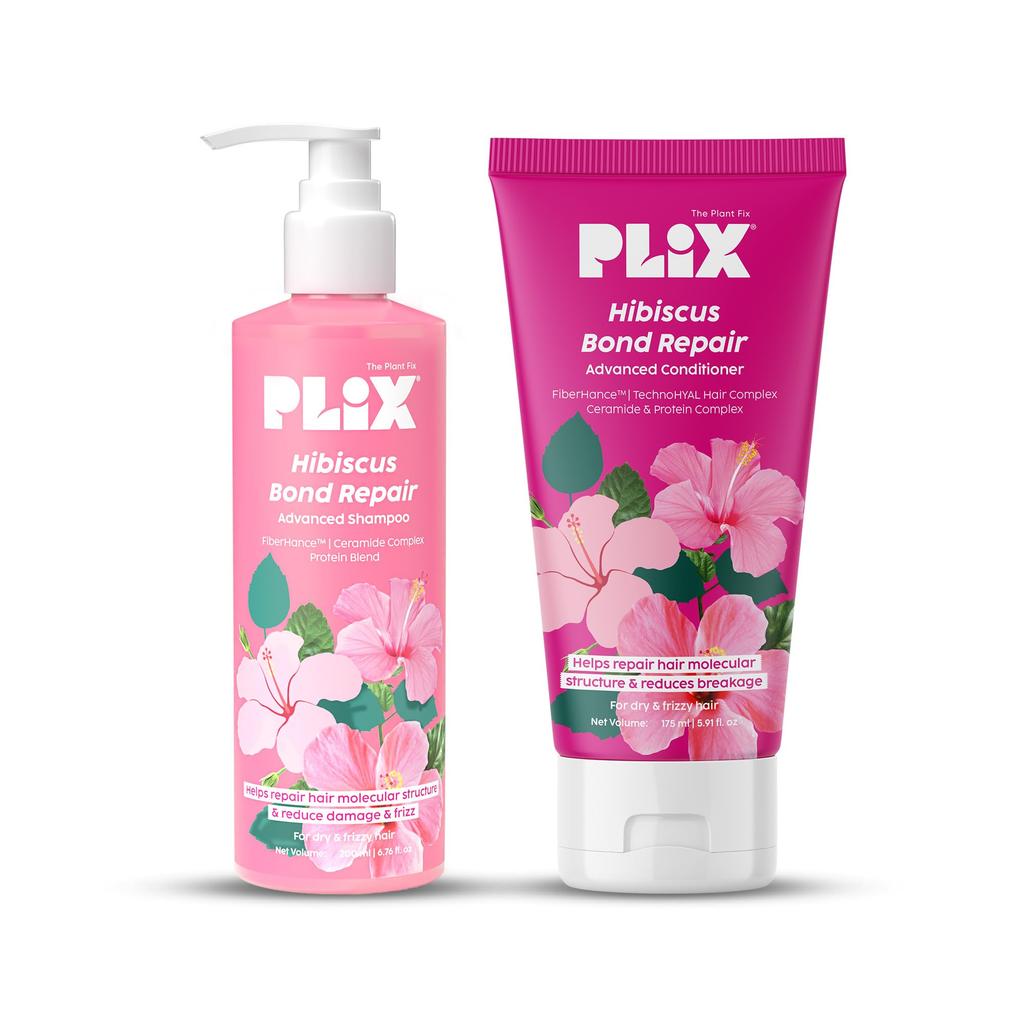 PLIX - THE PLANT FIX - Hibiscus Bond Repair Shampoo (200ml) + Conditioner (175ml) | Repairs Molecular Structure & Reduces Breakage | FiberHance™ & T
