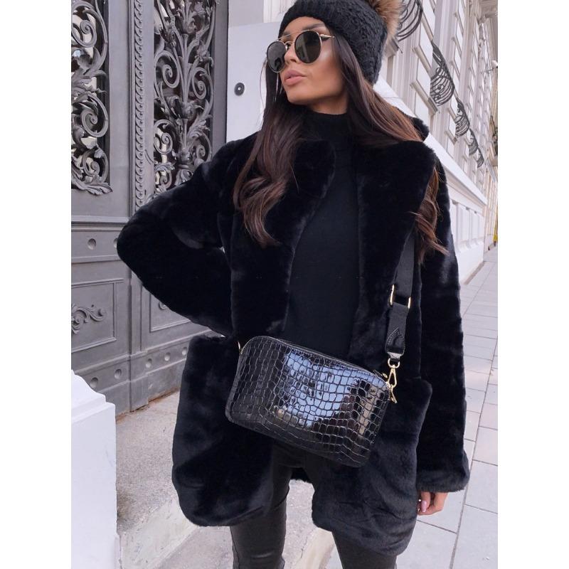 Women's Lapel Mid-Length Faux Fur Coat  Loose Fit Warm Winter Outerwear