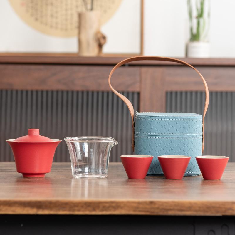 Light Luxury Travel Tea Set Cover Bowl Kuaike Three Cups Outdoor Portable Handbag High-end Ceramic Glass Tea Maker Gift