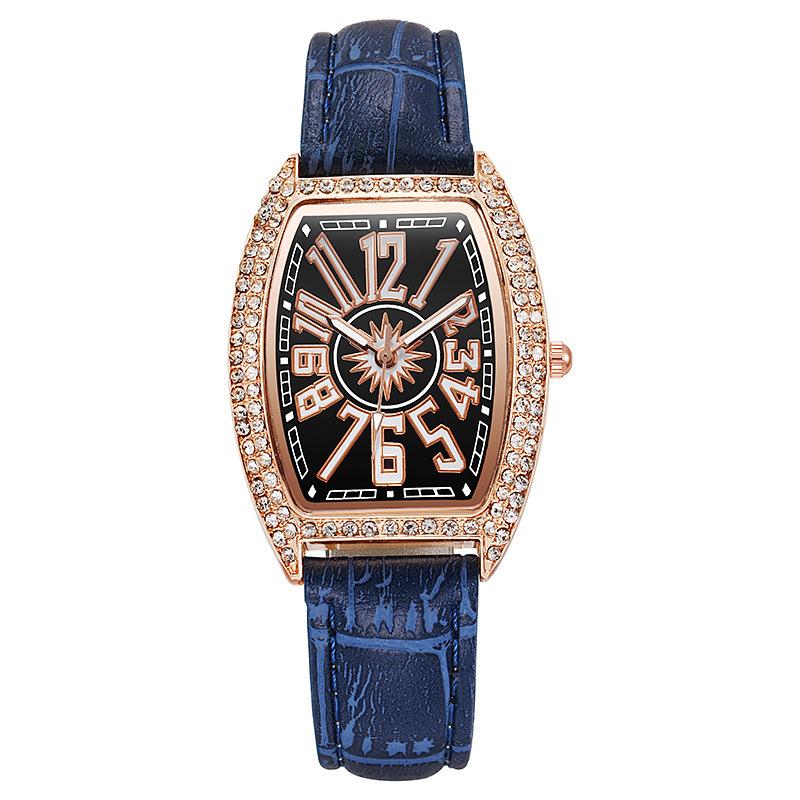 Ladies Leather Belt Rhinestone Watch Barrel-shaped Roman Numeral Wristwatch