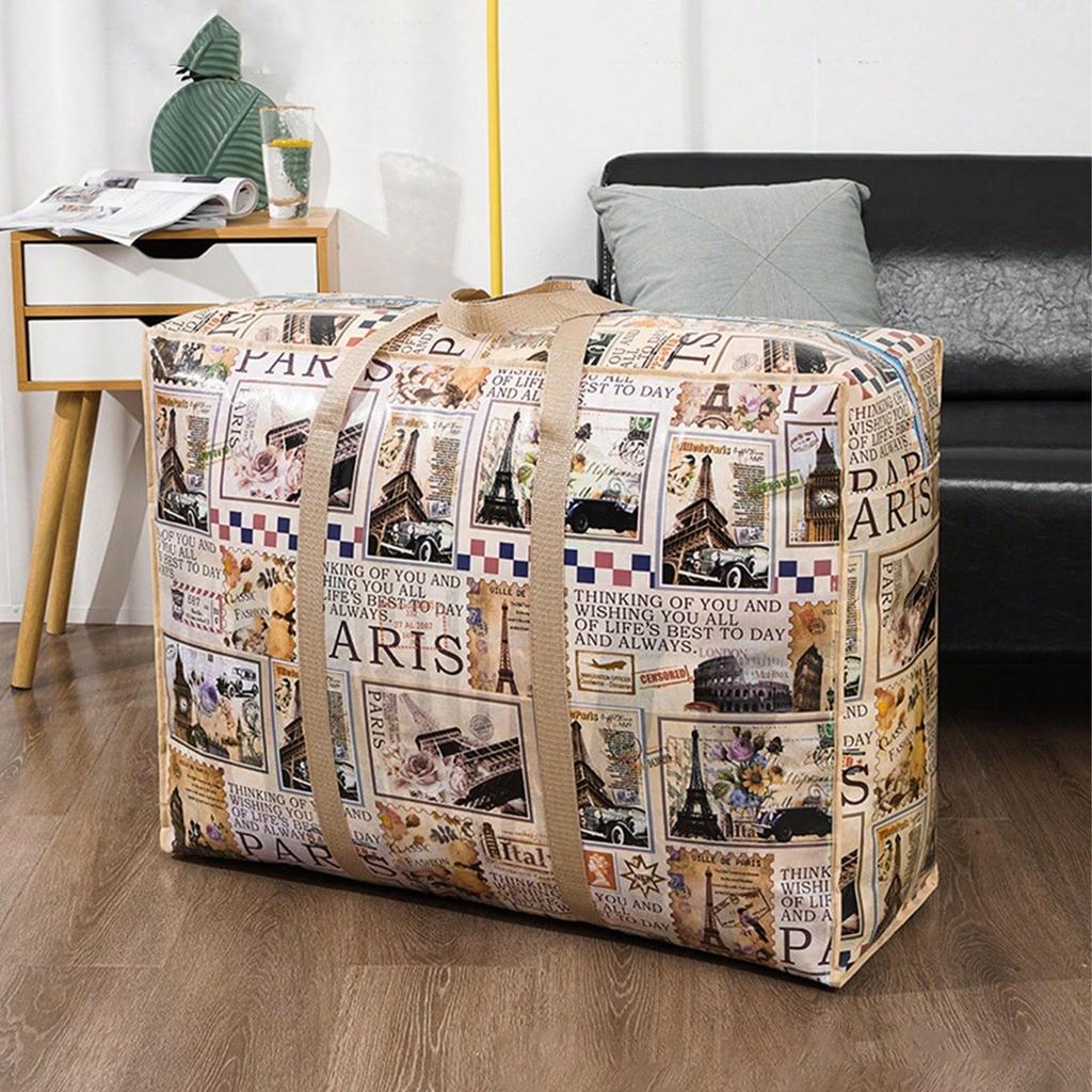 1pc Vintage Fabric Foldable Storage Bag with Strong Zipper and Handle, Space-Saving, for Moving, Travel, Back To School