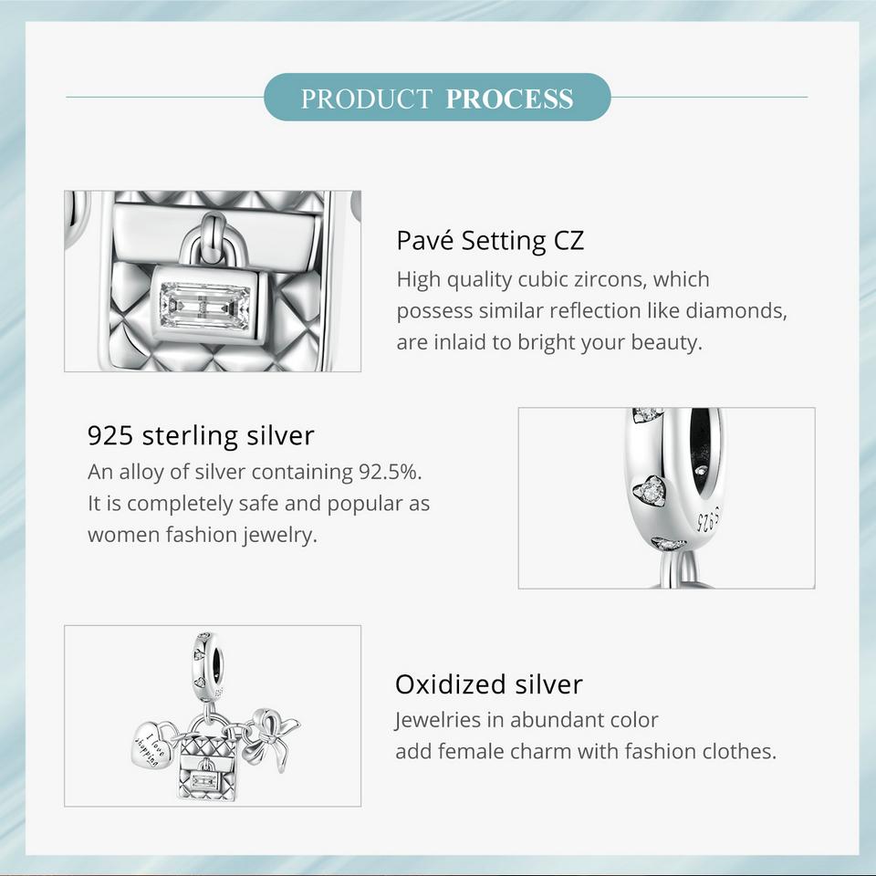 WOSTU I Love Shopping Charms din argint 925 și mărgele cu bowknot se potrivesc cu brățări originale femei, bijuterii DIY