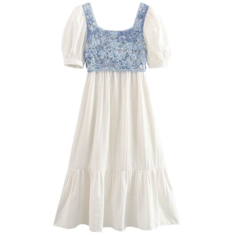 

Fashion Style 2023 Autumn New Arrival Crochet Patchwork Puff Sleeves Small Woven Knitting Dress Uwl9130 Blue L