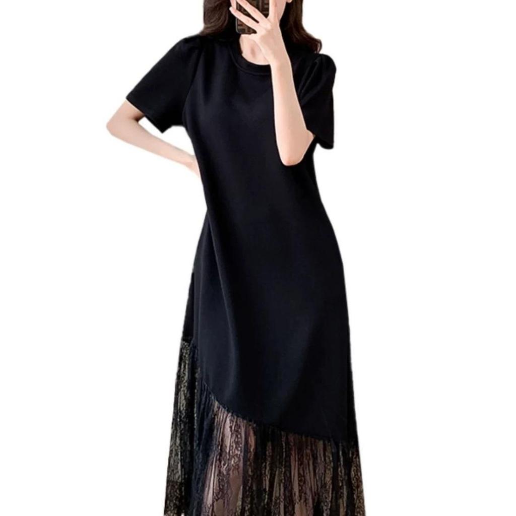 Robe d'été Patchwork en Dentelle Française Élégante Grande Taille - Manches Courtes Lâche Amincissante pour Femmes