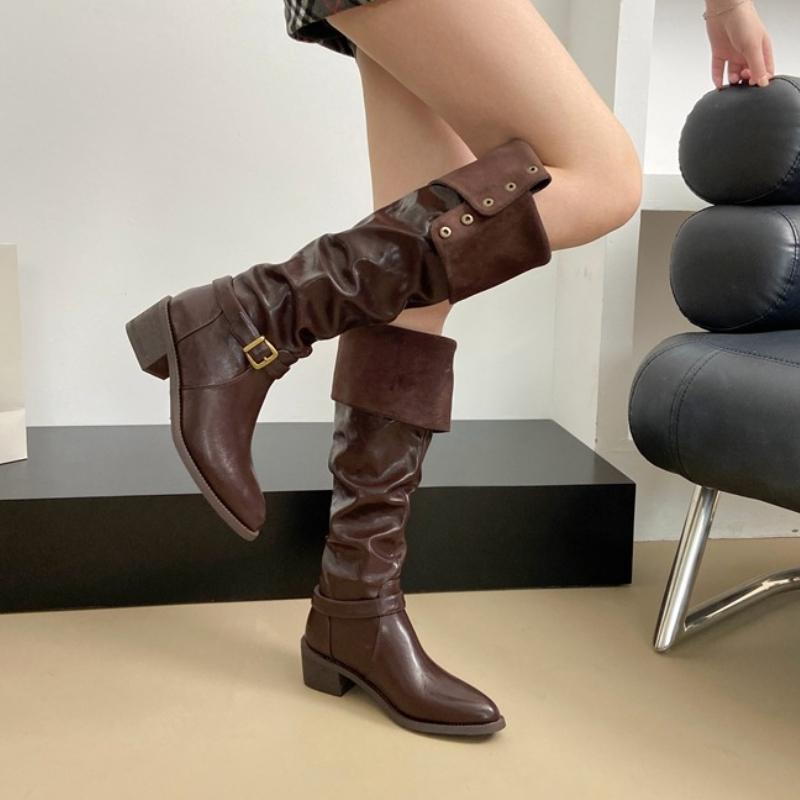 Winter Vintage Pointed Toe Woman Knight High Boots Fashion Belt Buckle Thick Heel Shoes Ladies Street Style Western Long Botas