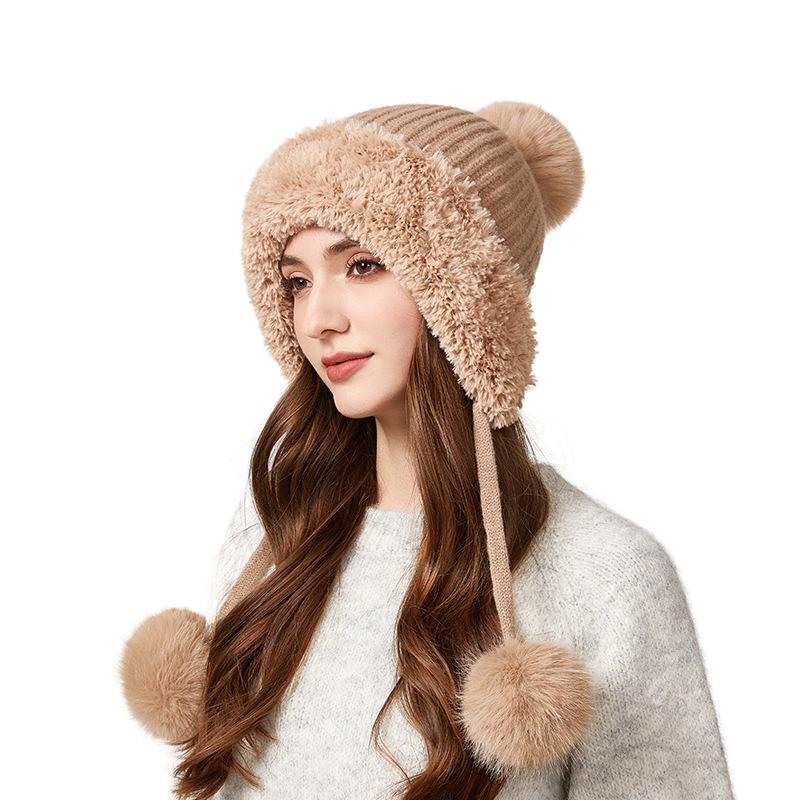 Outdoor Velvet Warm Wool Hat Women's Winter Plush Edge Ear Protection Wool Ball Knitted Hat