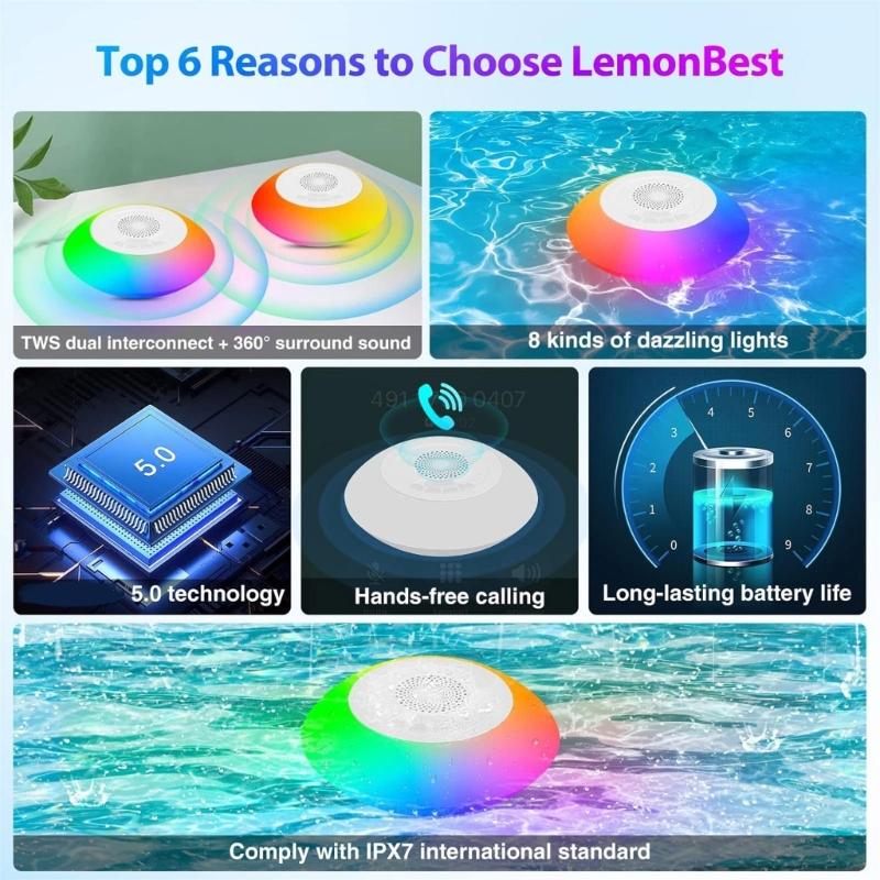 Floating Speaker for Pool Waterproof Portable Speaker Wireless Floating Stereo Speaker with Led Light Shower Speaker