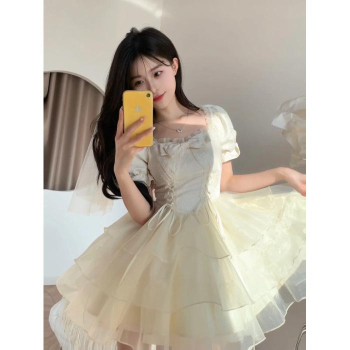 Summer 2026 fairy skirt bow jacquard organza fairy feeling dress princess puffy short skirt
