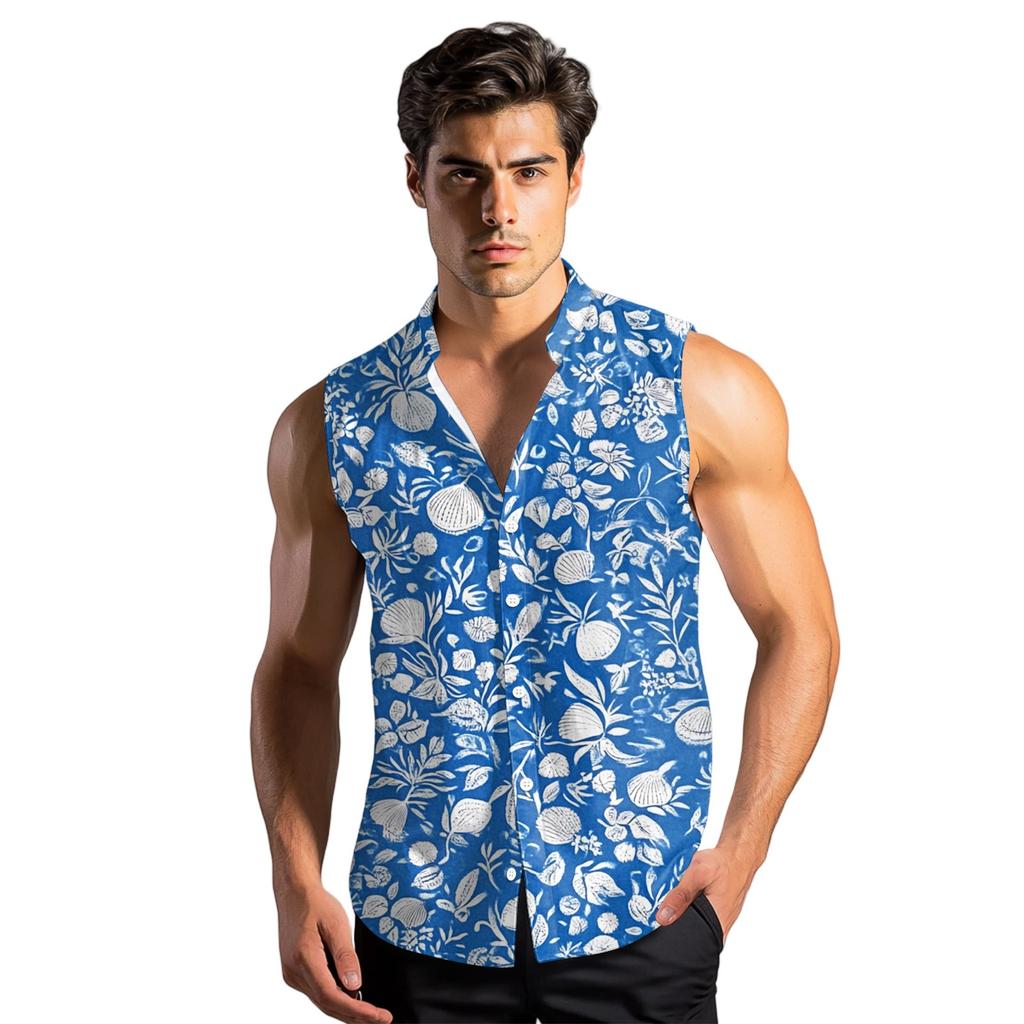 Men's Fashion Printed Sleeveless Lapel Button-Down Shirt Vest Top
