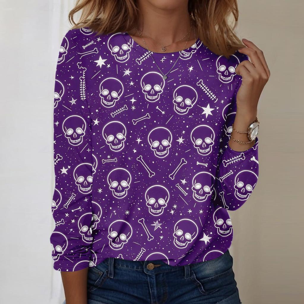 Women's Casual Long Sleeve Halloween Skull Print Pullover Crew Neck Top Lightweight Comfortable Fit for Everyday Wear