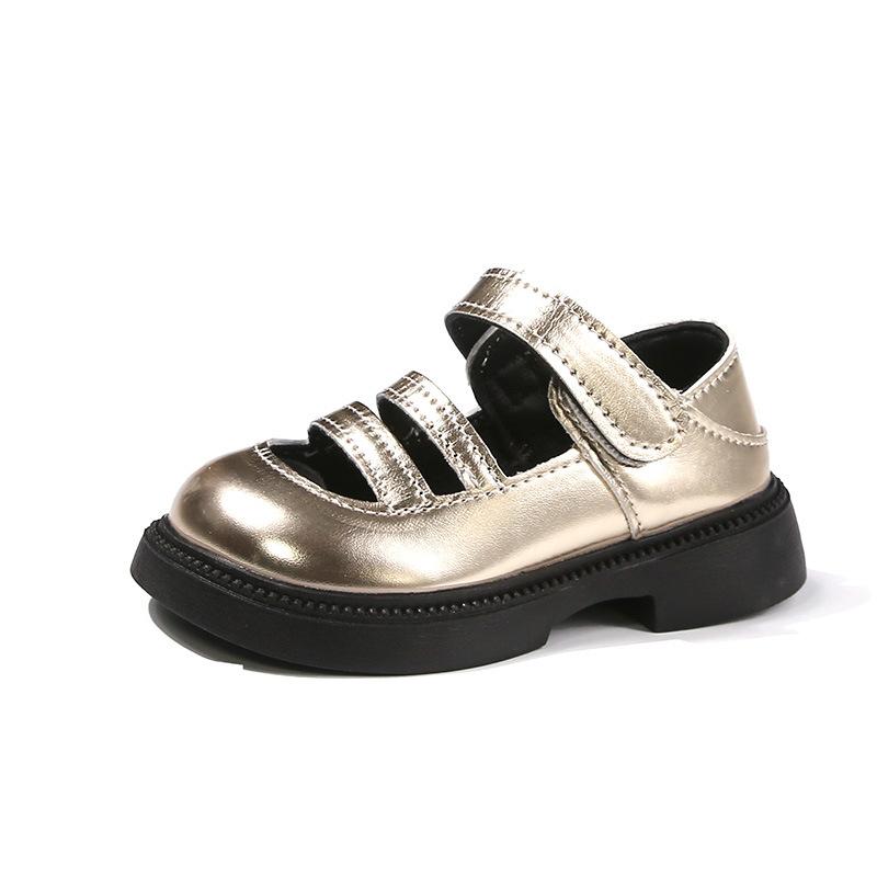 Kids Leather Shoes Round Toes Soild Color Girls Performance Shoes Hollowed-out 2025 Summer New Children Flat Shoes Hook&loop