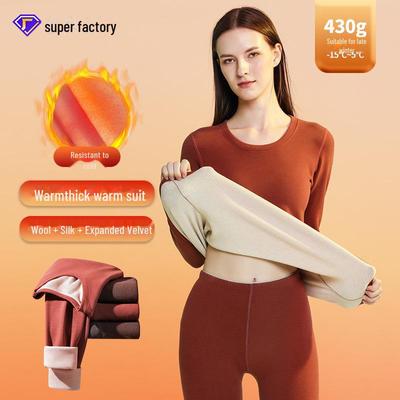 Ultra-Thick Women's Silk Wool Thermal Underwear Set with Fleece Lining for Autumn and Winter