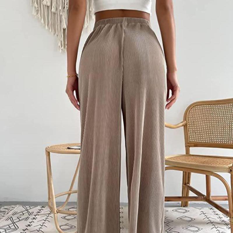 Neue Damen Casual Locker Sitzende Einfarbige Weite Hosen, Plissierte Fließende Hosen mit Drapierter Stoff für Frühling Sommer