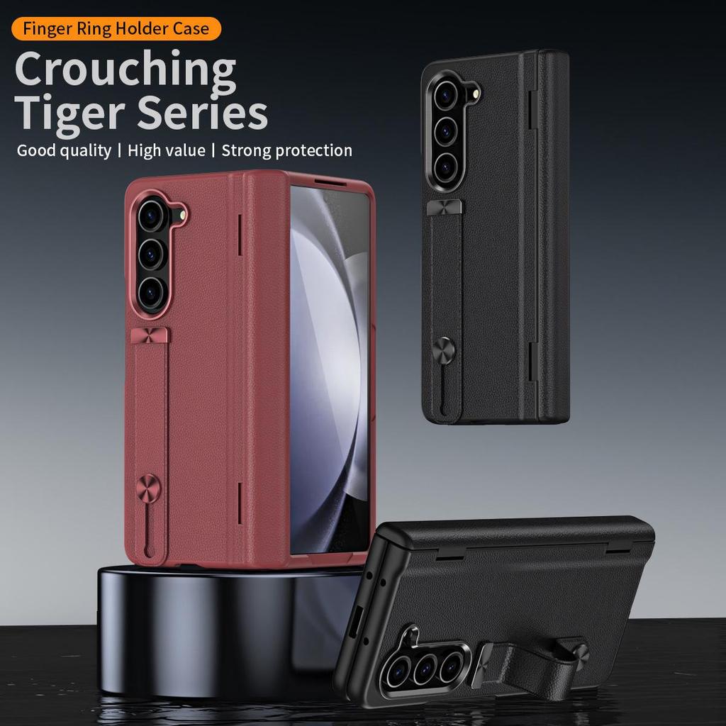 Samsung Z Fold6/5 Leather Phone Case with Film Protection & Wrist Strap