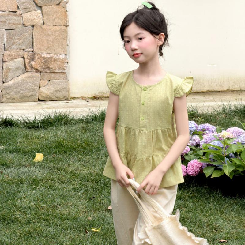 Summer 2026 Korean Chic Girls' Flutter Sleeve Vest & Wide-Leg Pants Two-Piece Set