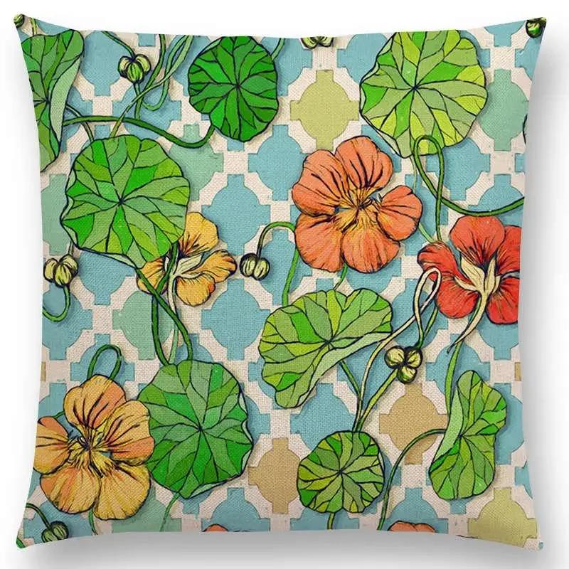 New Full Of Vitality Leaf  Flower Kingdom Beautiful Floral Painting Retro Gorgeous Cushion Cover Sofa Throw Pillow Case