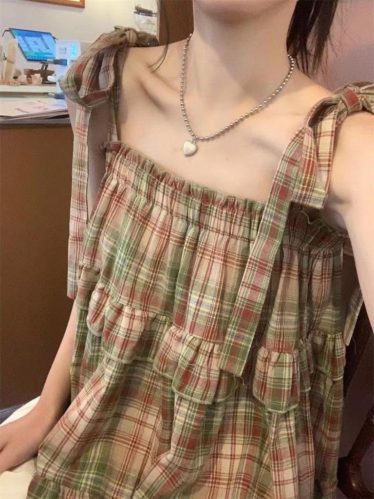 Retro Lace-Up Plaid Babydoll Cami Top