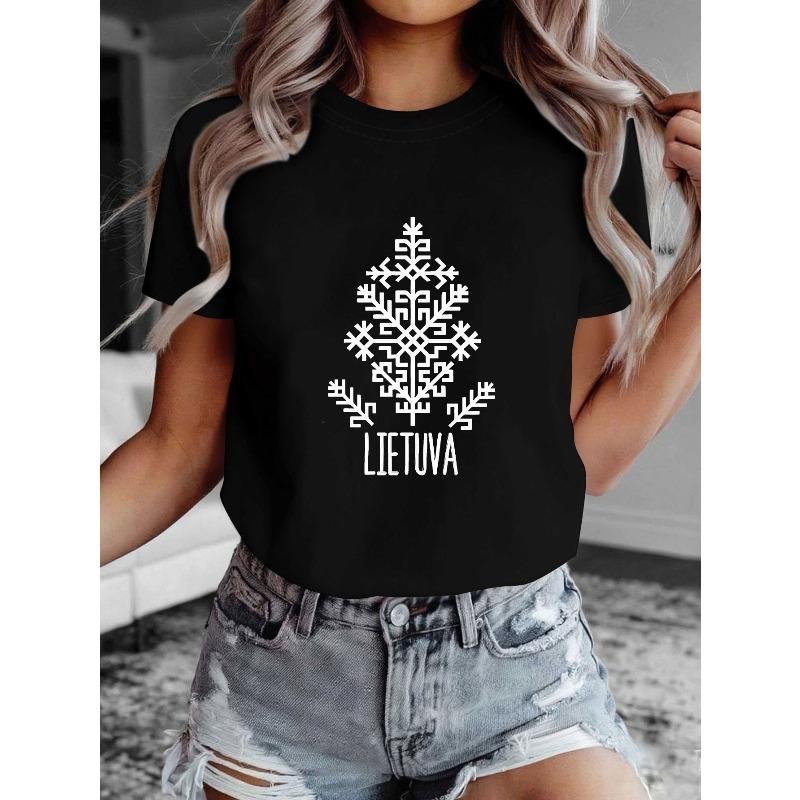 

Plus Size Women s Lietuva Tree Of Life Lithuanian Script Print T-Shirt Casual Crew Neck Short Sleeve Summer Top S чёрный