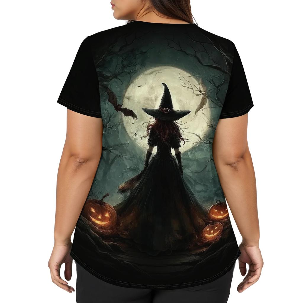 Women V Neck Short Sleeve Work Shirt Side Slit Top with Pockets Halloween Print Casual Blouse for Daily Wear