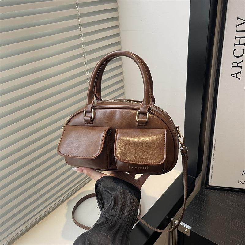 Autumn Retro Double Pocket Design Shoulder Bowling Bags for Women Solid Color Ladies Crossbody Bag Simple Female Pu Handbags