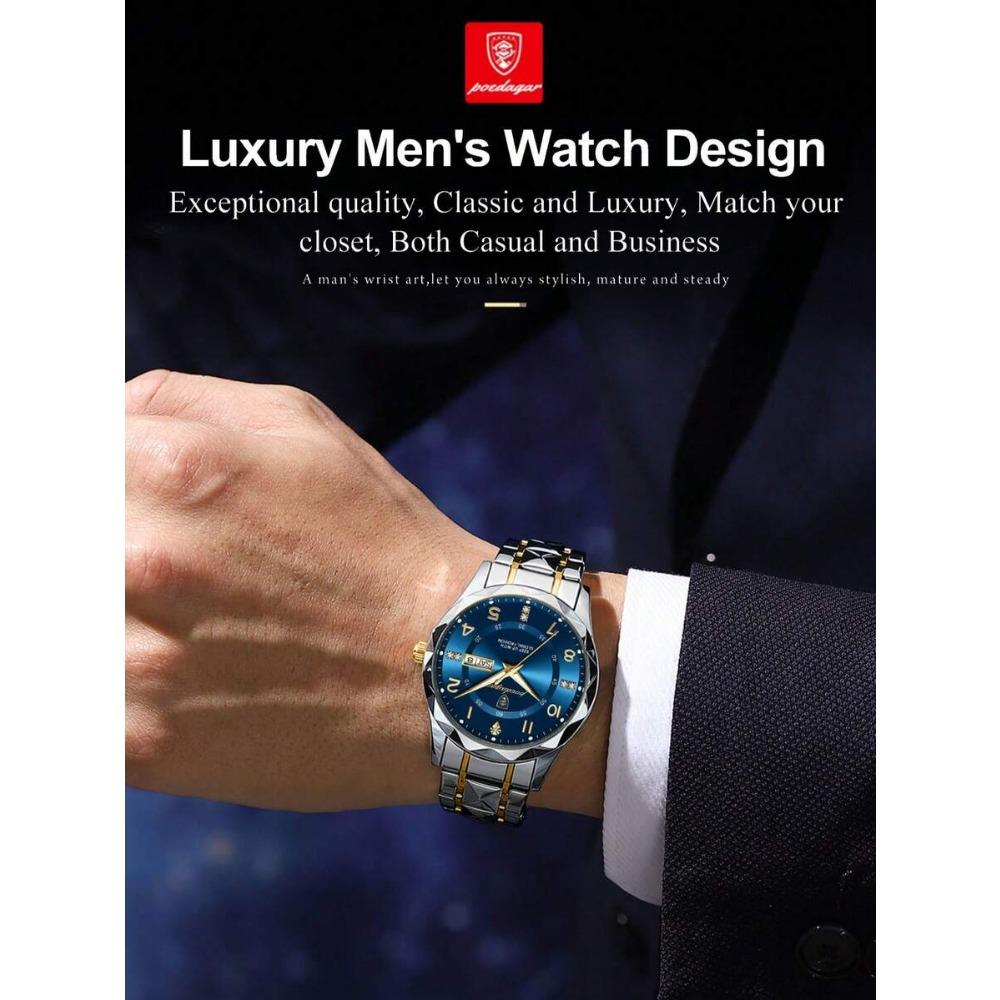 POEDAGAR Men's Stainless Steel Business Date Waterproof Luminous Quartz Watch,  Suitable For Work Occasion