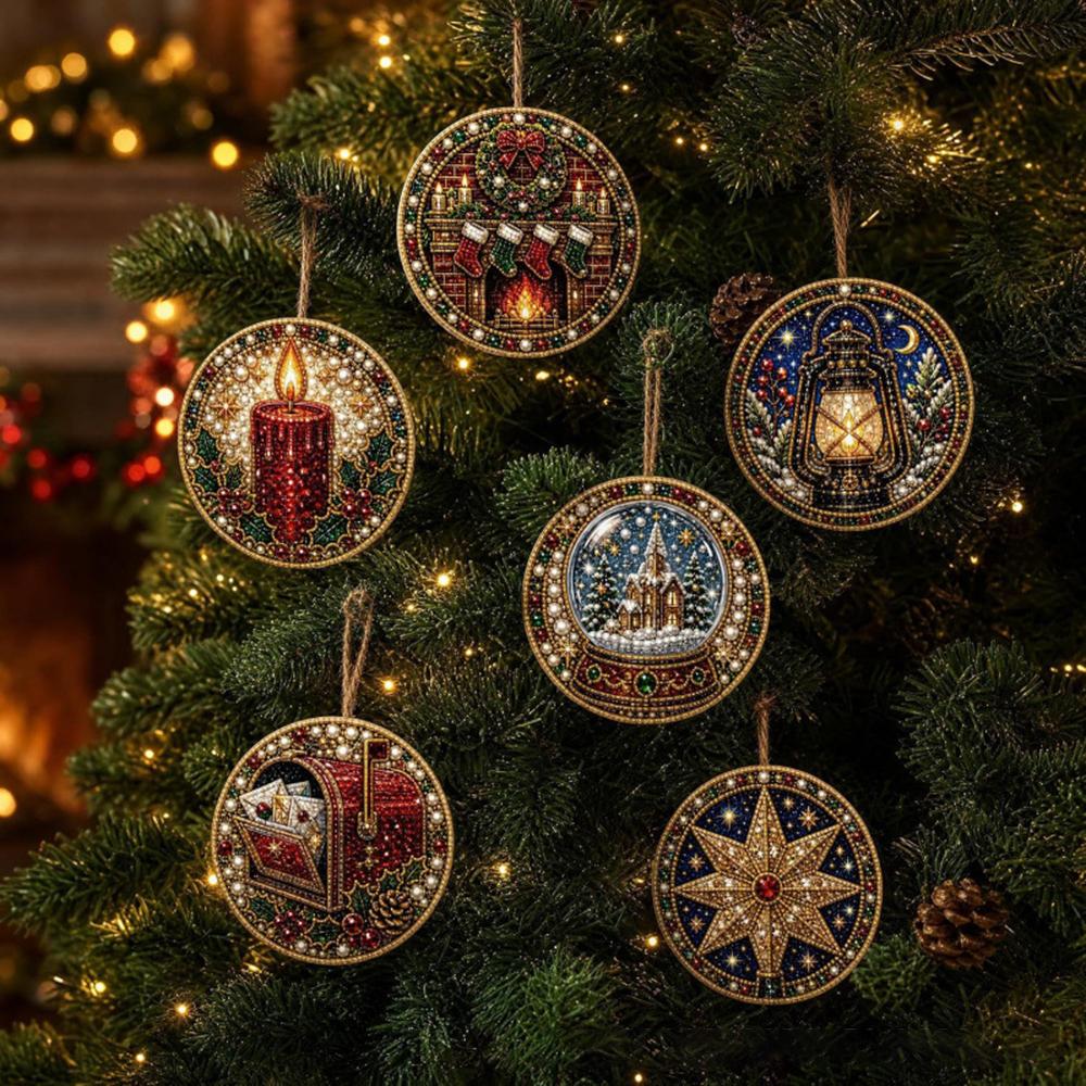 6 Wooden Christmas Ornaments DIY Pearl Art Kits for Adults, Hanging Diamond Art Christmas Ornaments Set with Pearls
