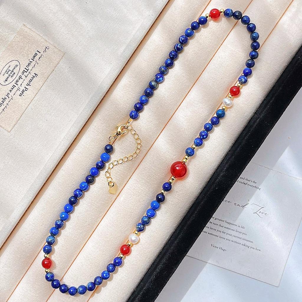 High Quality Natural Lapis Lazuli Freshwater Pearl Gypsy Collarbone Chain Necklace Neck Chain Female