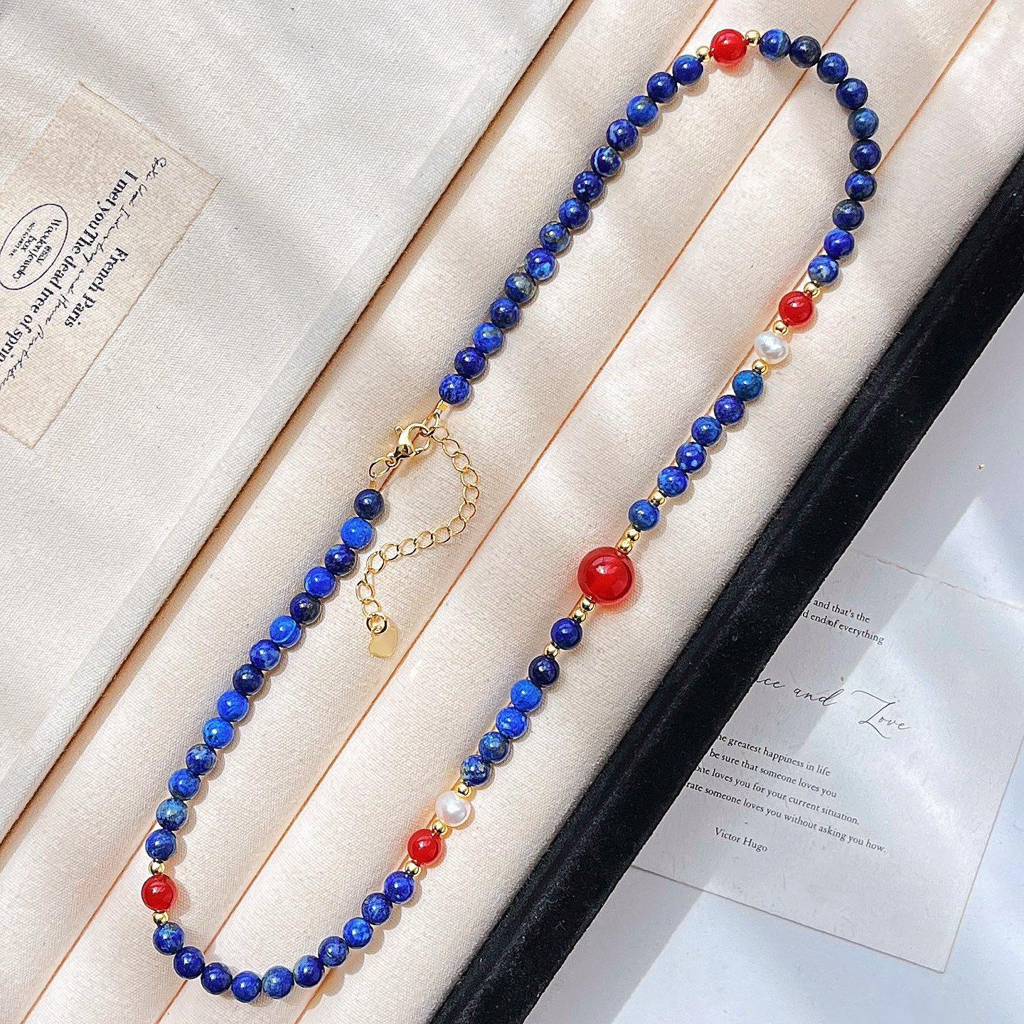 

High Quality Natural Lapis Lazuli Freshwater Pearl Gypsy Collarbone Chain Necklace Neck Chain Female