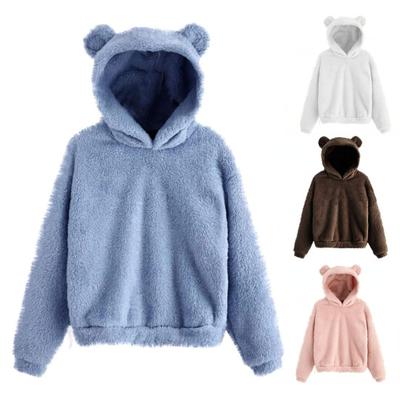 Women Winter Hoodie Solid Color Plush Thick Hooded Cozy Keep Warm Soft Plus Size Ears Decor Lady Hoodie for Daily Wear