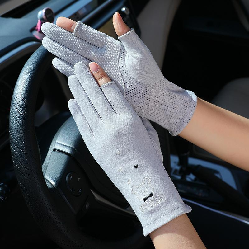 Bear Two-finger Sunscreen Gloves Women's Summer Non-slip Thin Cotton Sweat-absorbing Gloves Breathable Fashion Cycling Short Touch Screen