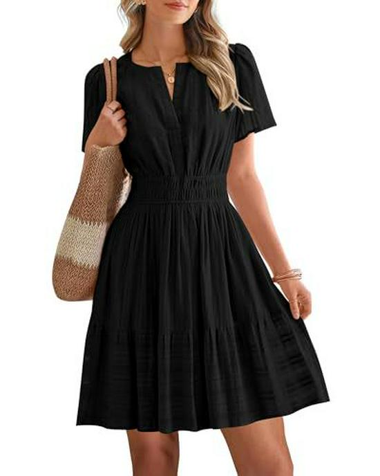 European & American V-neck Pleated Puff Sleeve Layered Dress for Women