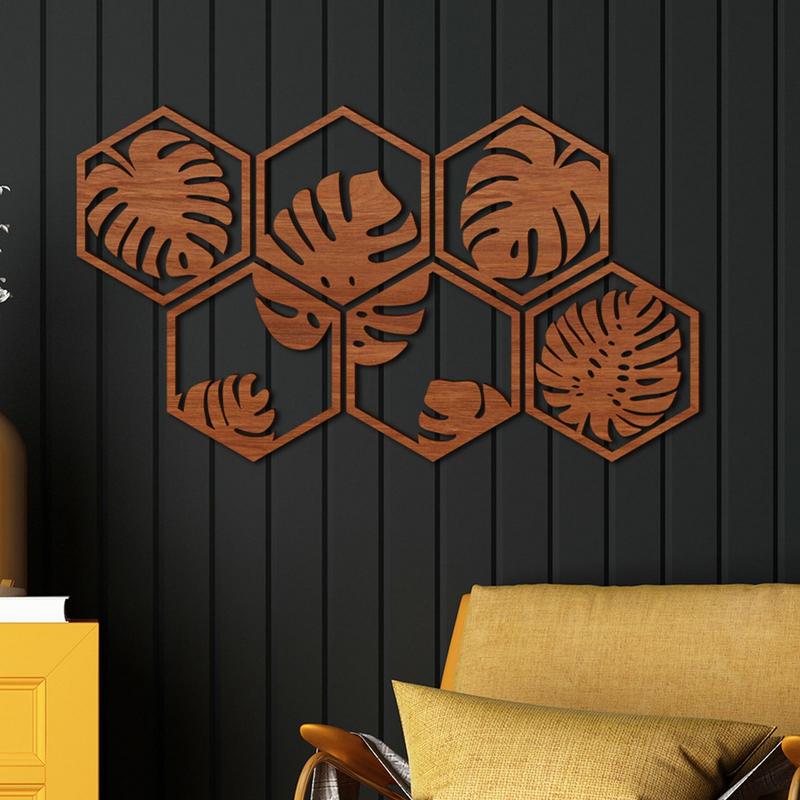 Palm Leaf Wall Art Wooden Board Leaf Splicing Wall Sticker Creative Hexagonal Wooden Wall Decoration Wall Art For Bedroom