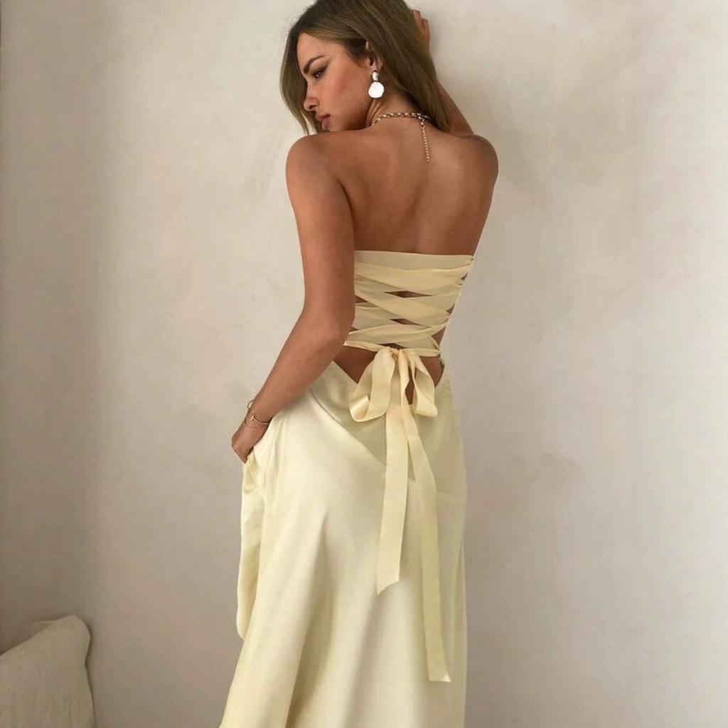 Ins summer tube top back strap pleated irregular high split long party dress dress