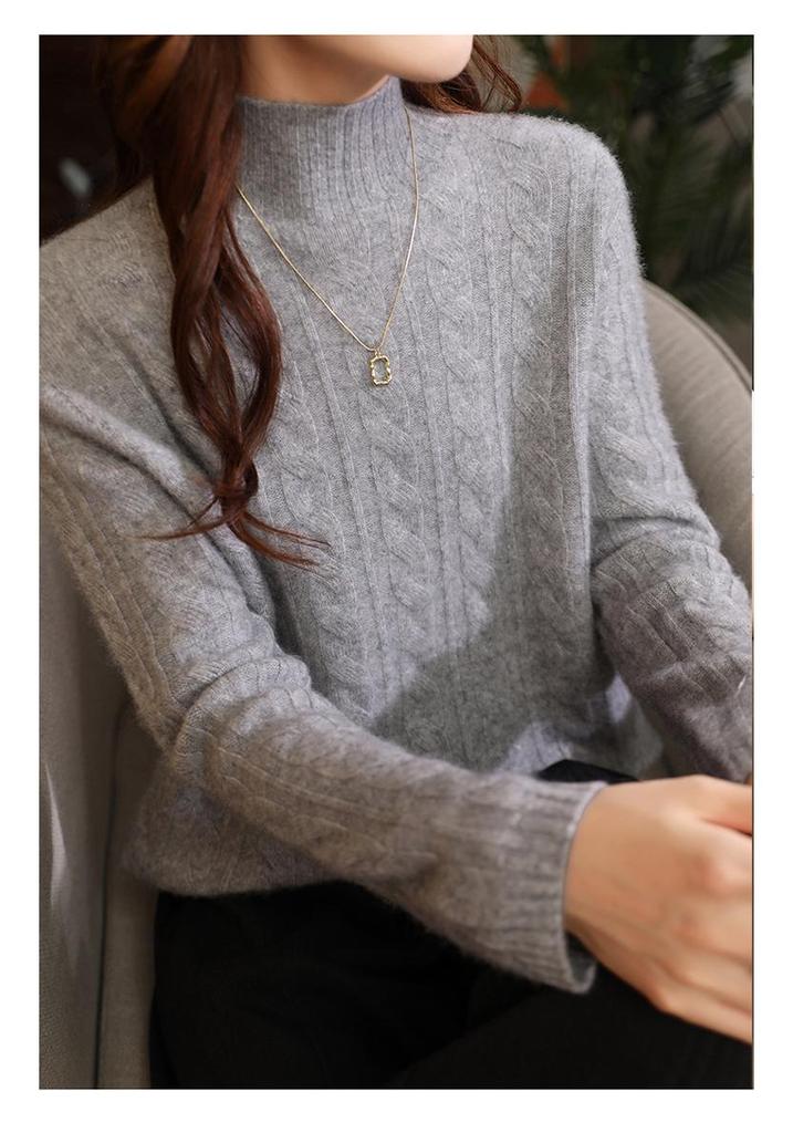 Women's Wool Cable Knit Pullover - Half-High Collar, Loose Fit, Solid Color, Thick Autumn/Winter Cashmere Base Layer.
